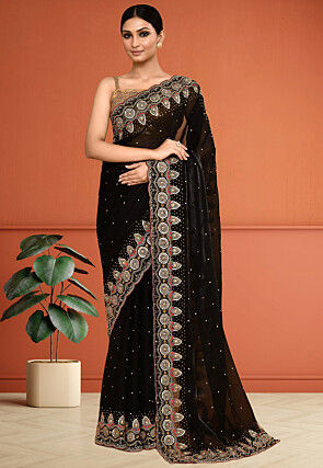 Hand Embroidered Tissue Scalloped Saree in Black