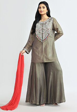 Hand Embroidered Tissue Shimmer Pakistani Suit in Fawn