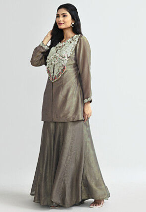 Hand Embroidered Tissue Shimmer Pakistani Suit in Fawn
