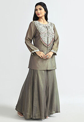 Hand Embroidered Tissue Shimmer Pakistani Suit in Fawn