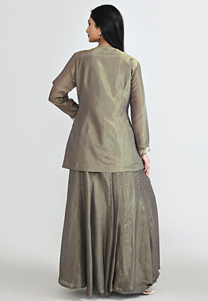 Hand Embroidered Tissue Shimmer Pakistani Suit in Fawn