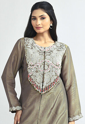Hand Embroidered Tissue Shimmer Pakistani Suit in Fawn