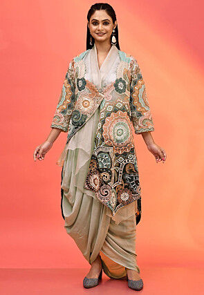 Hand Embroidered Tissue Silk Crop Top Set in Dusty Green