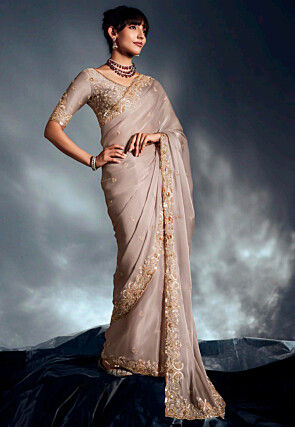 Hand Embroidered Tissue Silk Saree in Grey