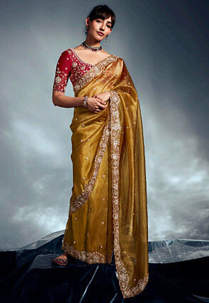 Hand Embroidered Tissue Silk Saree in Mustard