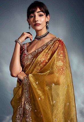 Hand Embroidered Tissue Silk Saree in Mustard