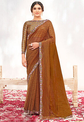 Hand Embroidered Tissue Silk Saree in Rust