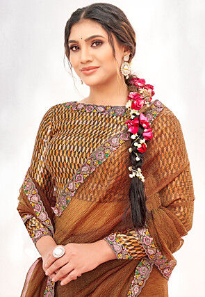 Hand Embroidered Tissue Silk Saree in Rust