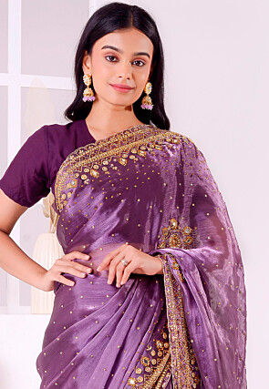 Hand Embroidered Tissue (Zimi Chu) Saree in Dark Lavender