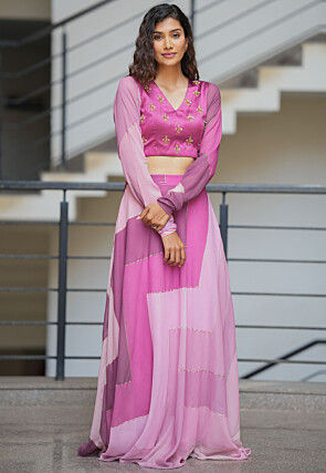 Hand Embroidered Tussar Silk Crop Top Set in Pink
