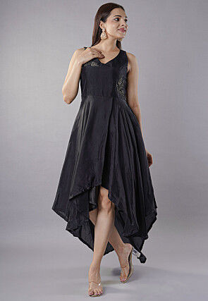 Hand Embroidered Uppada Silk Asymmetric Dress in Black