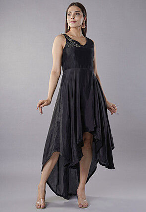Hand Embroidered Uppada Silk Asymmetric Dress in Black