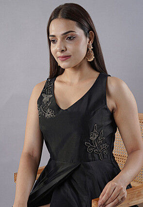 Hand Embroidered Uppada Silk Asymmetric Dress in Black