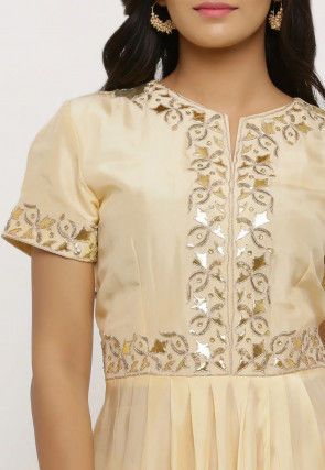 Hand Embroidered Uppada Silk Pleated Punjabi Suit in Yellow