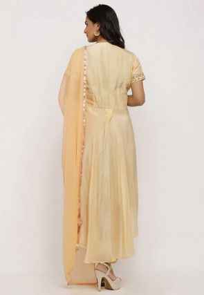 Hand Embroidered Uppada Silk Pleated Punjabi Suit in Yellow