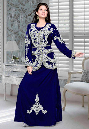 Hand Embroidered Velvet Abaya in Royal Blue
