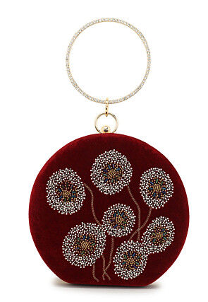 Hand Embroidered Velvet Box Clutch in Maroon