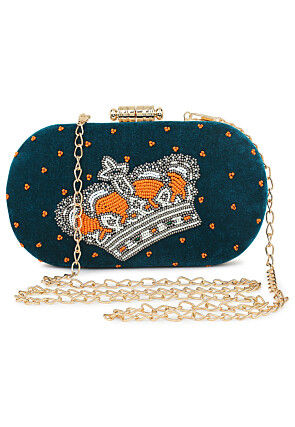 Hand Embroidered Velvet Box Clutch in Teal Blue