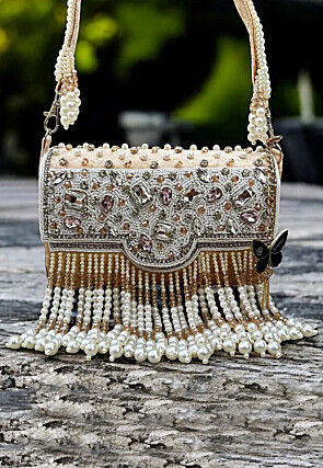 Hand Embroidered Velvet Clutch Bag in Beige