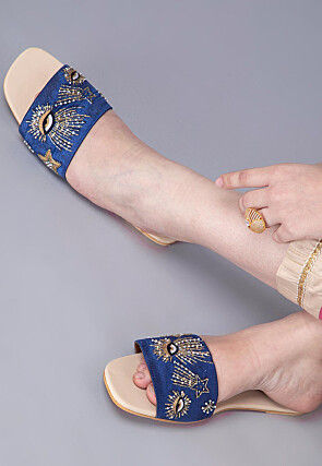 Hand Embroidered Velvet Flats in Blue and Cream