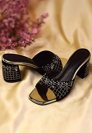 Hand Embroidered Velvet Heels in Black