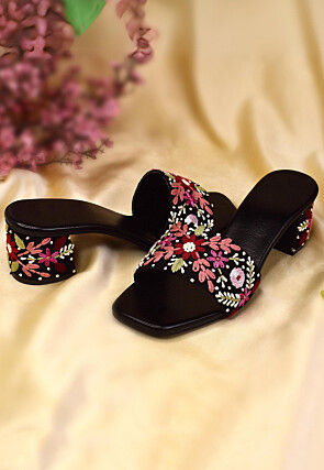 Hand Embroidered Velvet Heels in Black