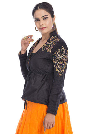 Hand Embroidered Velvet Jacket in Black
