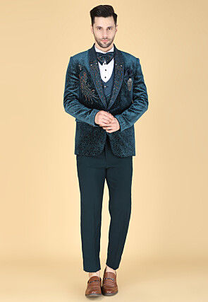 Hand Embroidered Velvet Jacquard Tuxedo in Teal Blue