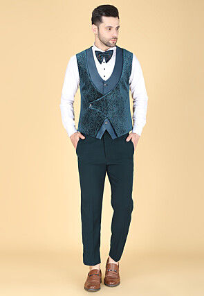 Hand Embroidered Velvet Jacquard Tuxedo in Teal Blue