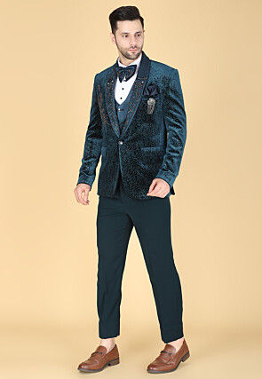 Hand Embroidered Velvet Jacquard Tuxedo in Teal Blue