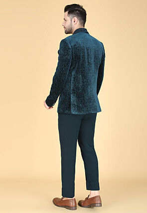 Hand Embroidered Velvet Jacquard Tuxedo in Teal Blue