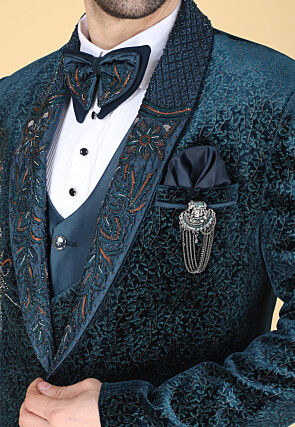 Hand Embroidered Velvet Jacquard Tuxedo in Teal Blue
