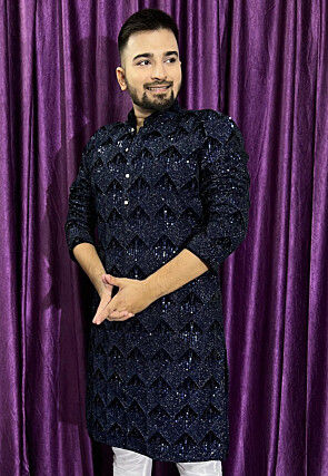 Hand Embroidered Velvet Kurta in Navy Blue