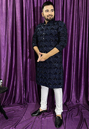 Hand Embroidered Velvet Kurta Set in Navy Blue