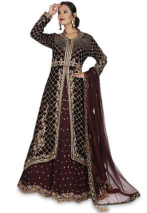 Hand Embroidered Velvet Layered Abaya Style Suit in Wine