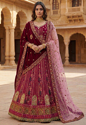 Hand Embroidered Velvet Lehenga in Dark Fuchsia