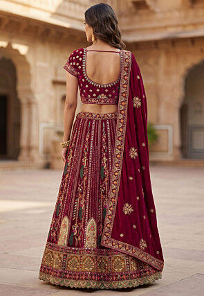 Hand Embroidered Velvet Lehenga in Dark Fuchsia
