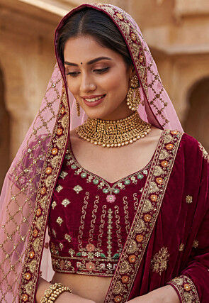 Hand Embroidered Velvet Lehenga in Dark Fuchsia