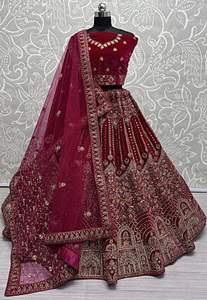 Hand Embroidered Velvet Lehenga in Fuchsia