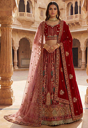 Hand Embroidered Velvet Lehenga in Maroon