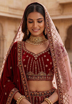 Hand Embroidered Velvet Lehenga in Maroon