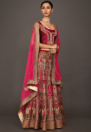 Hand Embroidered Velvet Lehenga in Red