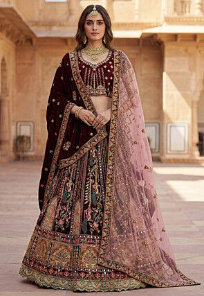 Hand Embroidered Velvet Lehenga in Wine
