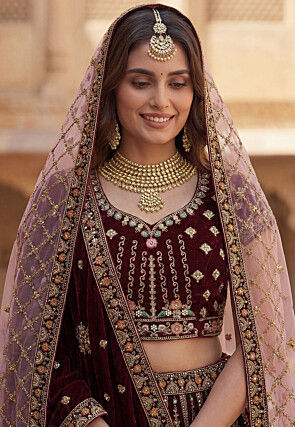 Hand Embroidered Velvet Lehenga in Wine
