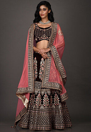 Dark Maroon Velvet Lehenga Choli Indian Wedding Wear Lengha Chunri Shawl  Saree | eBay