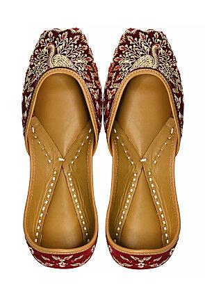 Hand Embroidered Velvet Women Jutti in Maroon