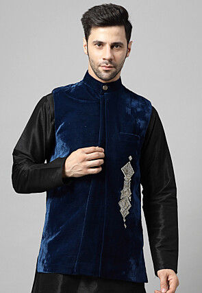 Hand Embroidered Velvet Nehru Jacket in Blue