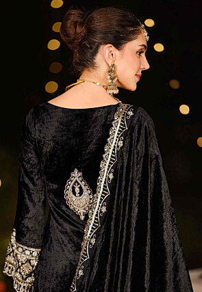 Hand Embroidered Velvet Pakistani Suit in Black