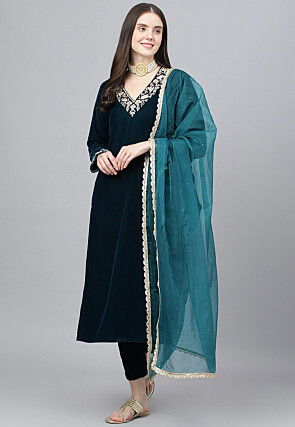 Hand Embroidered Velvet Pakistani Suit in Navy Blue