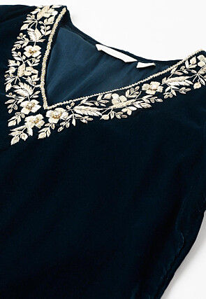 Hand Embroidered Velvet Pakistani Suit in Navy Blue
